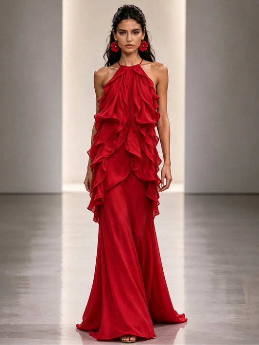Ruby Ruffled Halter-Neck Open-Back Maxi Dress