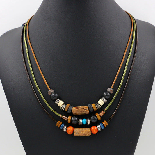 Vintage Bohemian Folk Style Multi-Layer Colorful Wood Bead Necklace Long Fashion Sweater Chain