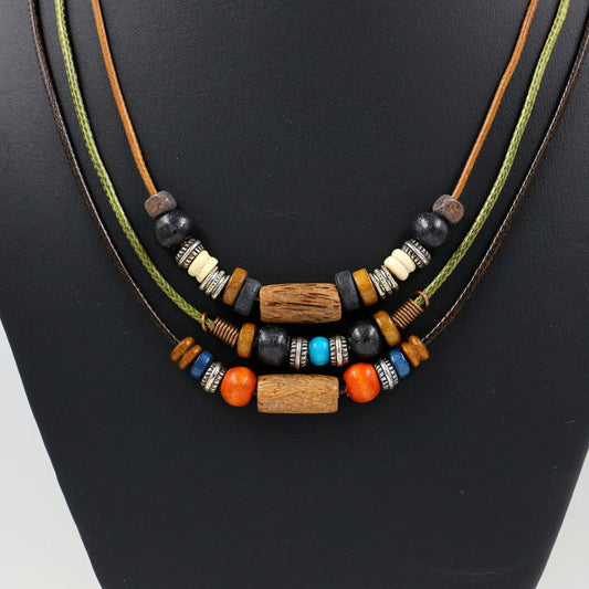 Vintage Bohemian Folk Style Multi-Layer Colorful Wood Bead Necklace Long Fashion Sweater Chain