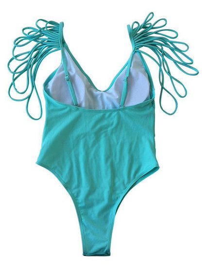 Sexy Backless Tassels Solid Color One-Piece Swimwear