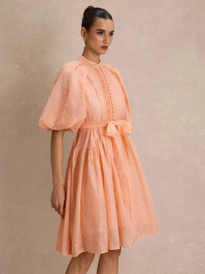 Hailey Floral-Embroidered Puff-Sleeve Midi Dress
