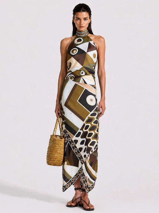 Delaney Printed Halter-Neck Backless Maxi Skirt Set