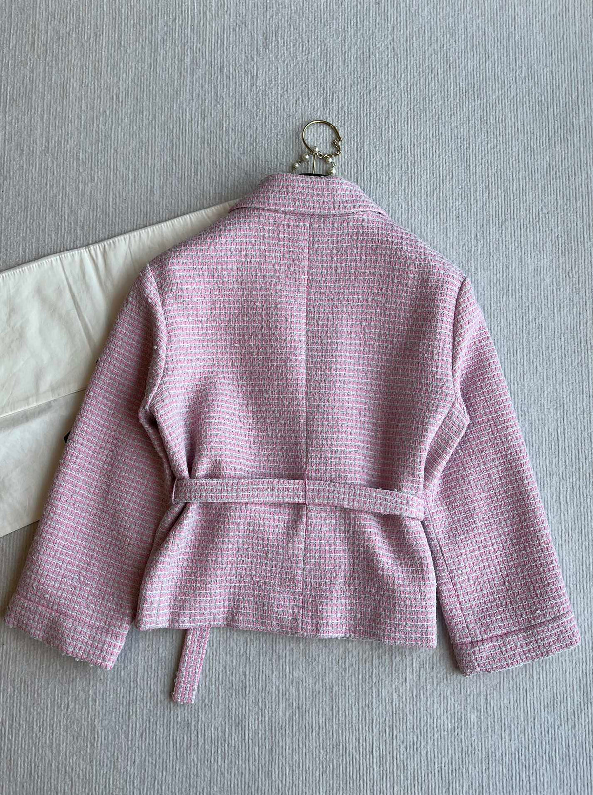 CC 25SS Lace-up Jacket Pink Sequins Tweed 235919