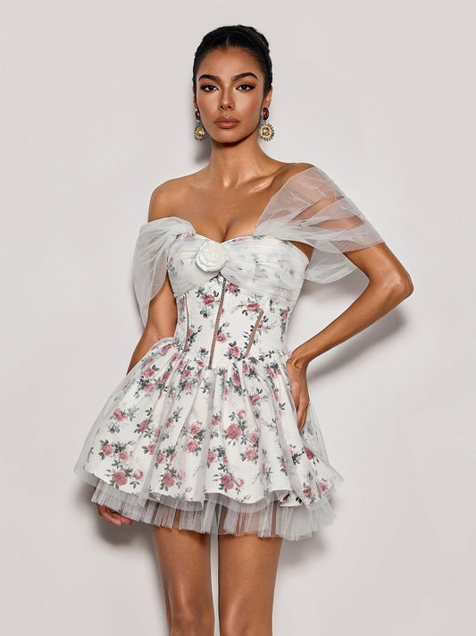 Victoria Off Shoulder Flower Tulle Mini Dress