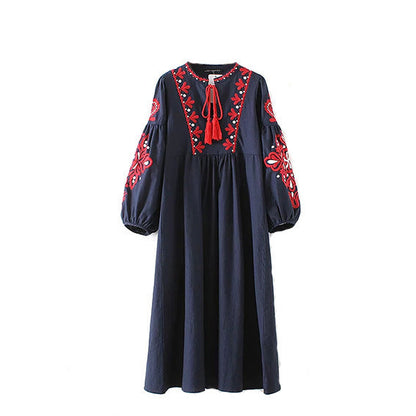 New Ethnic Style Long Sleeved Mid Length Dress With Embroidered Lace Up Loose A-Line Lantern Sleeve Dress