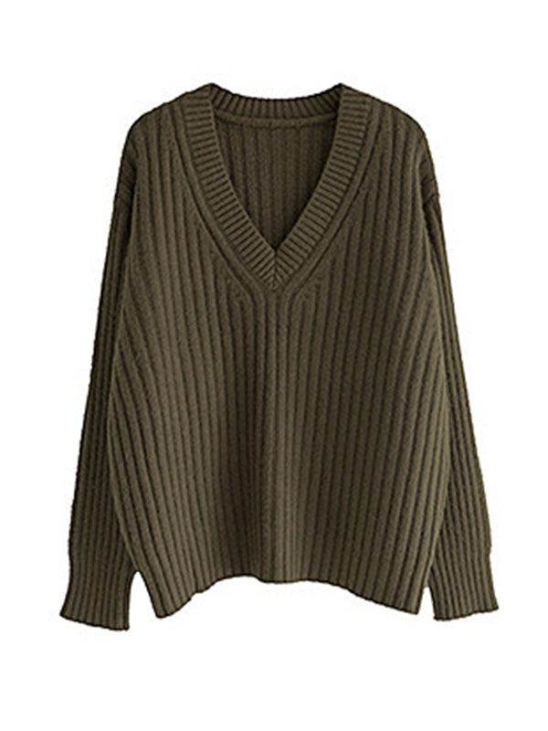 Casual Loose Solid Color V-Neck Sweater Tops