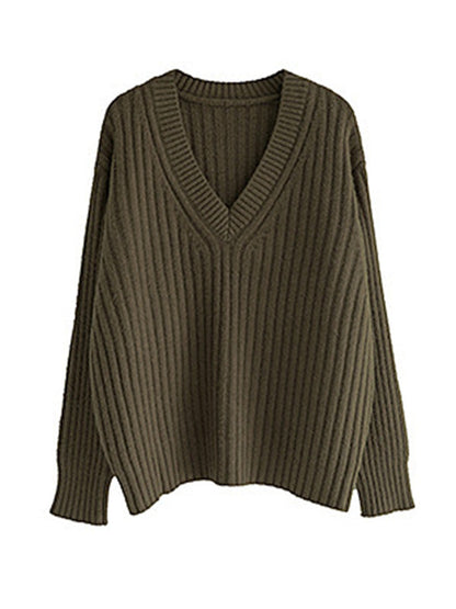 Casual Loose Solid Color V-Neck Sweater Tops