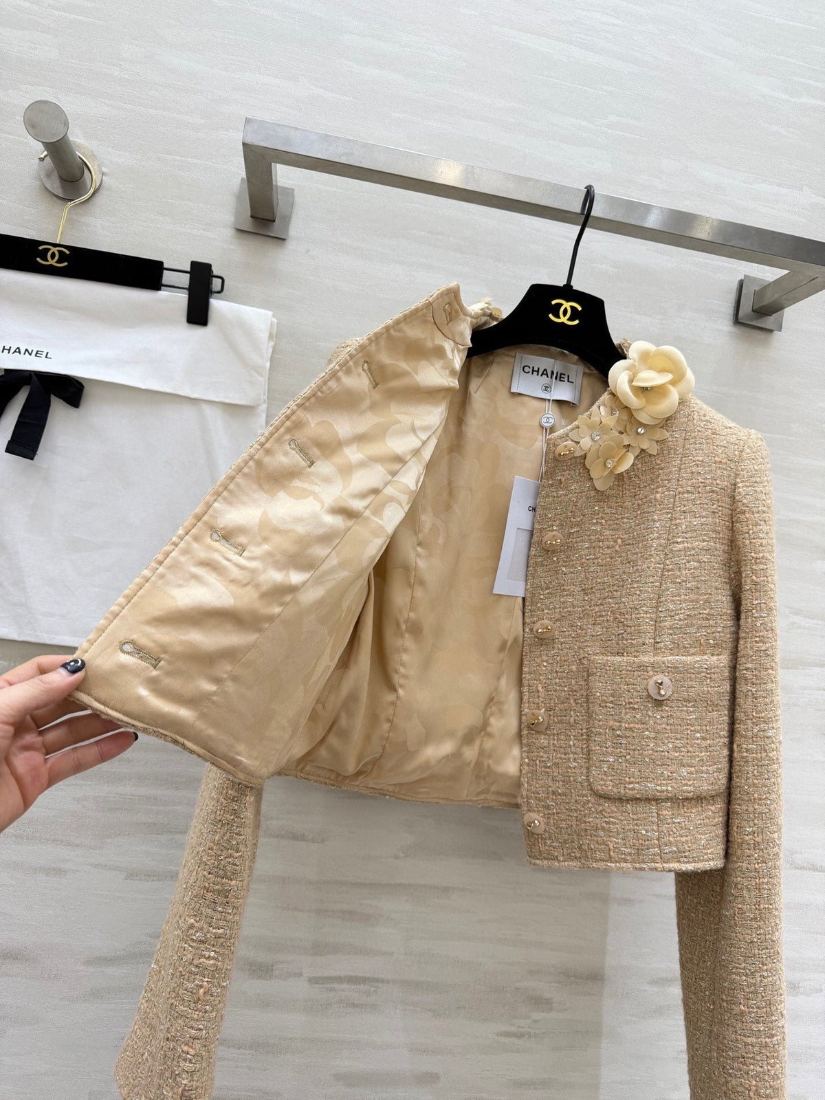 CC 26s Coat 3D Floral Embellished Beige Wool Blend Tweed