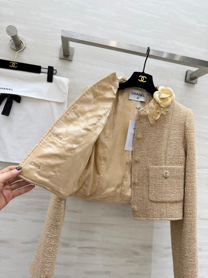 CC 26s Coat 3D Floral Embellished Beige Wool Blend Tweed
