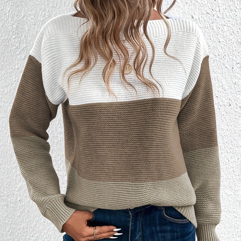 Knitted Sweater Color Block Round Neck Long Sleeve