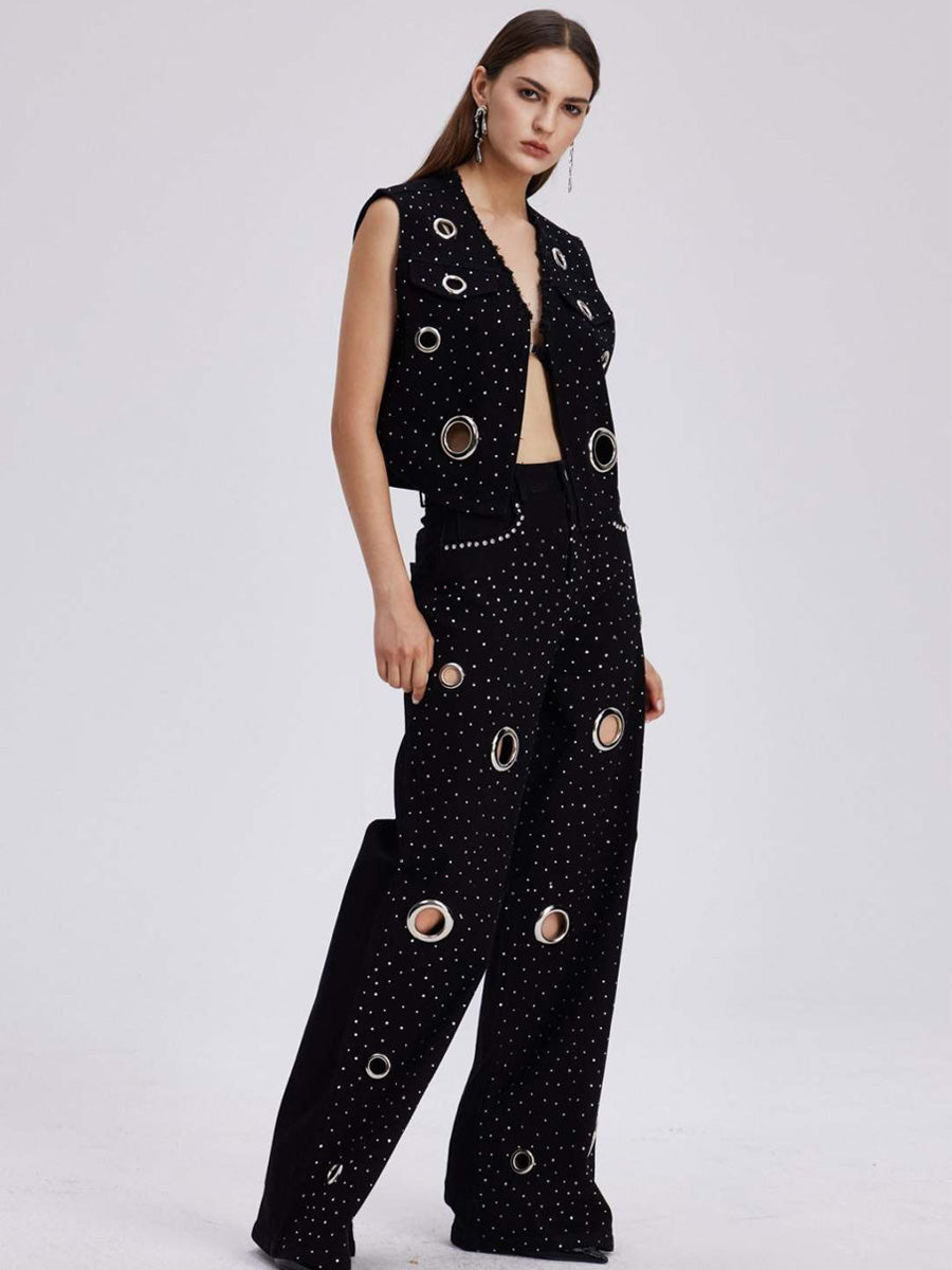 Liana Embellished Cutout Denim Pants Set