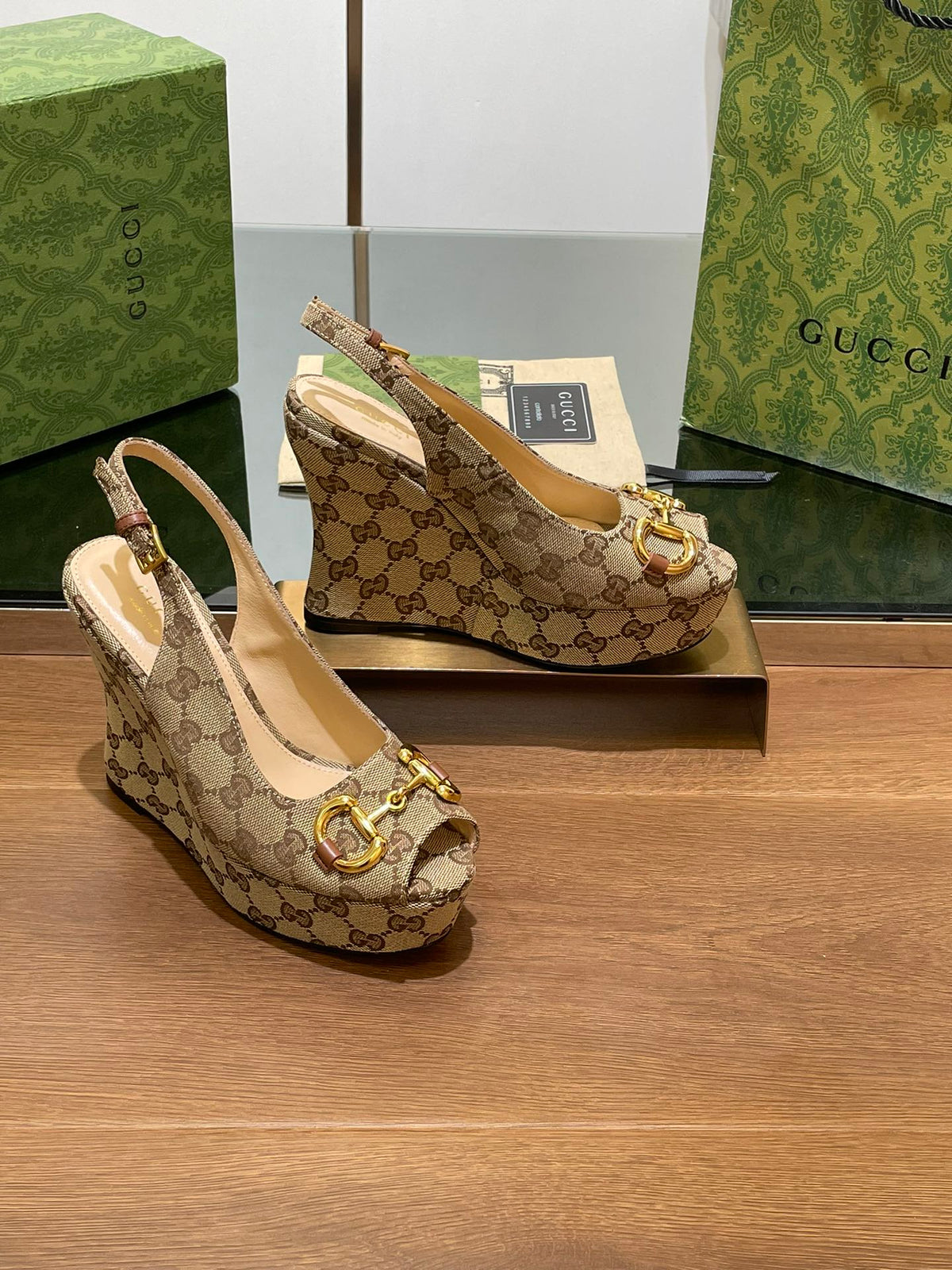 GG WEDGE PLATFORM IN CAMEL BROWN MONOGRAM JACQUARD FABRIC
