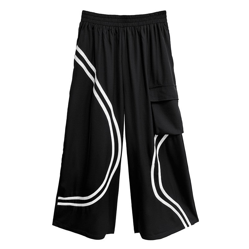 Striped Patch Pocket Loose Wide Leg Elastic Waist Pants