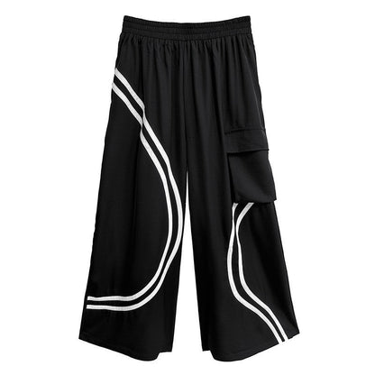 Striped Patch Pocket Loose Wide Leg Elastic Waist Pants