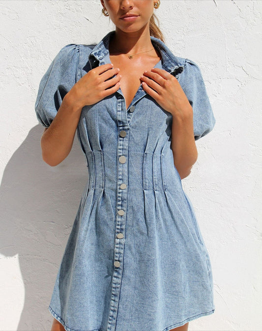 Washed Lapel Button Short Sleeves Denim Mini Dress