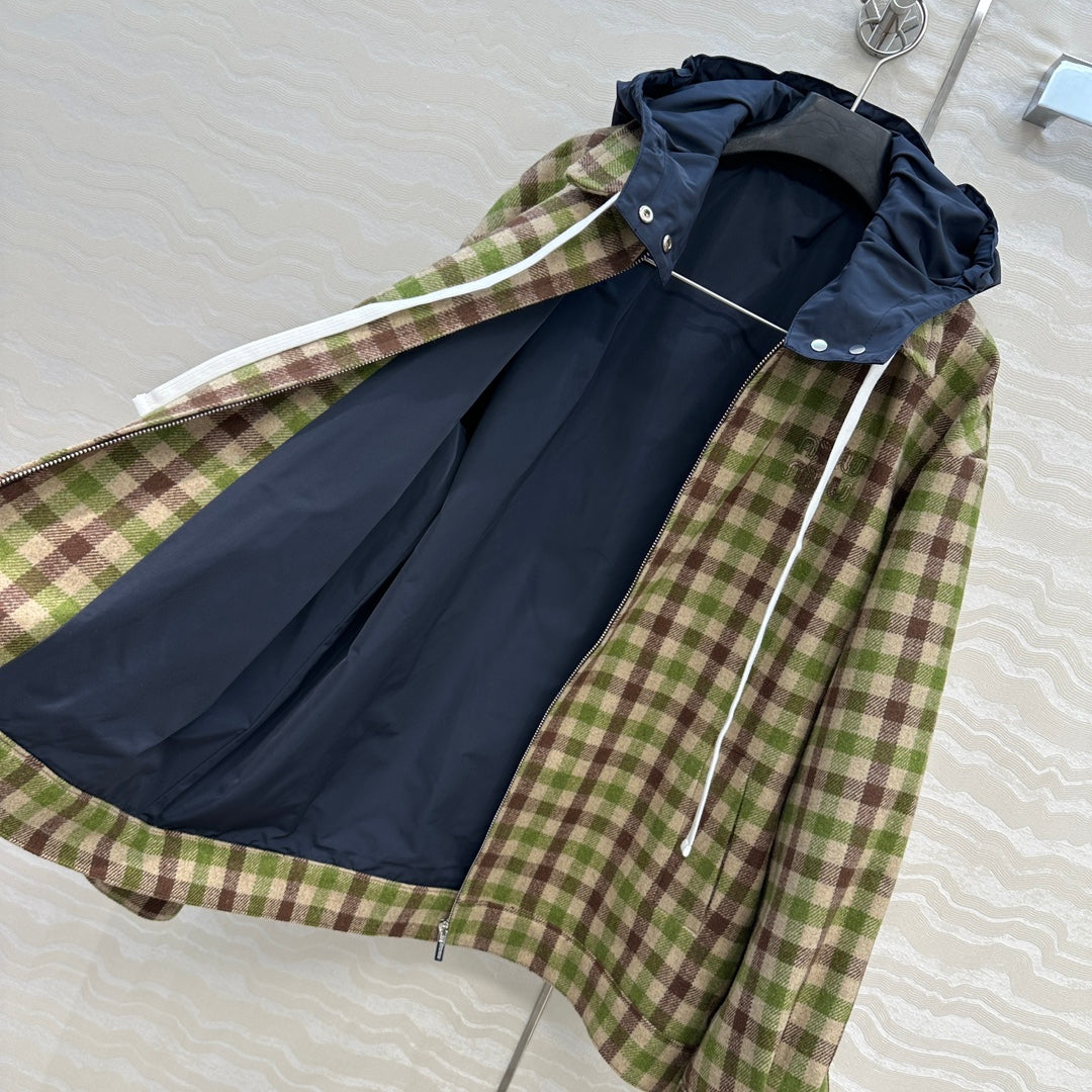 Miumiu Faux Two-Piece Detachable Hood Plaid Jacket Green Polyester