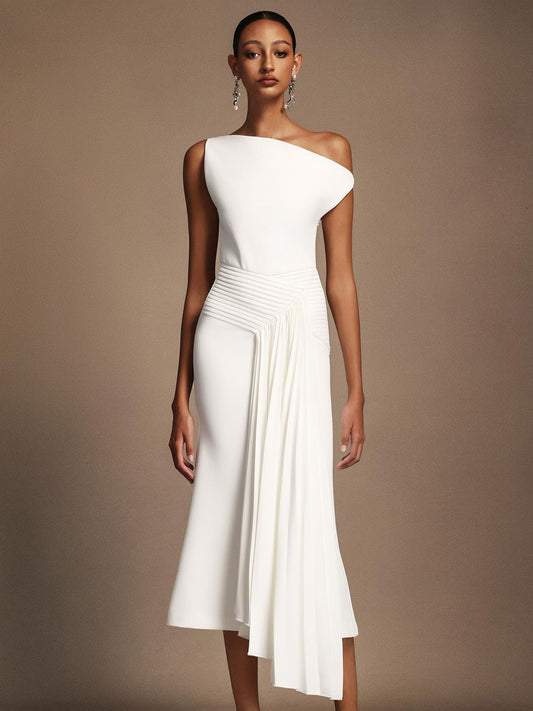 Sophia Oblique Shoulder Sleeveless Folds Midi Dress