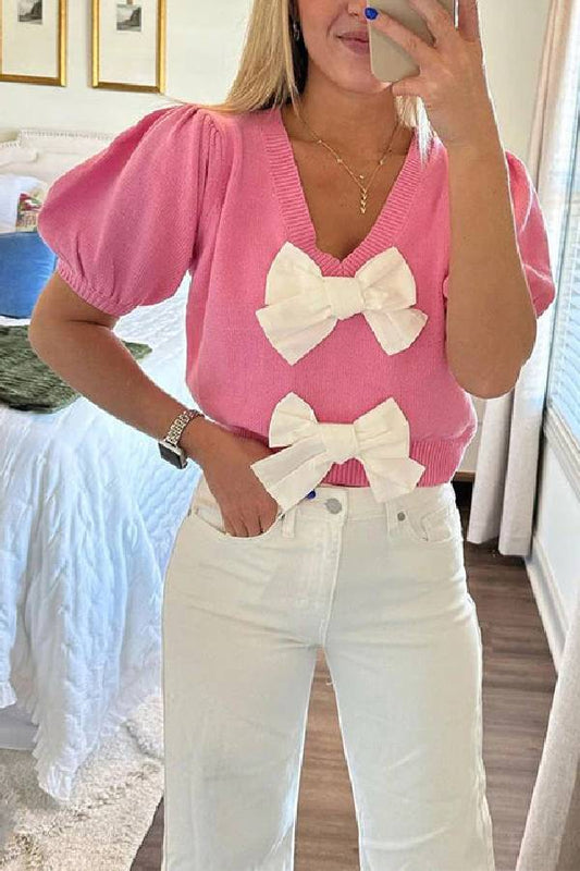 V Neck Short Sleeves Bow Knot Knit Top