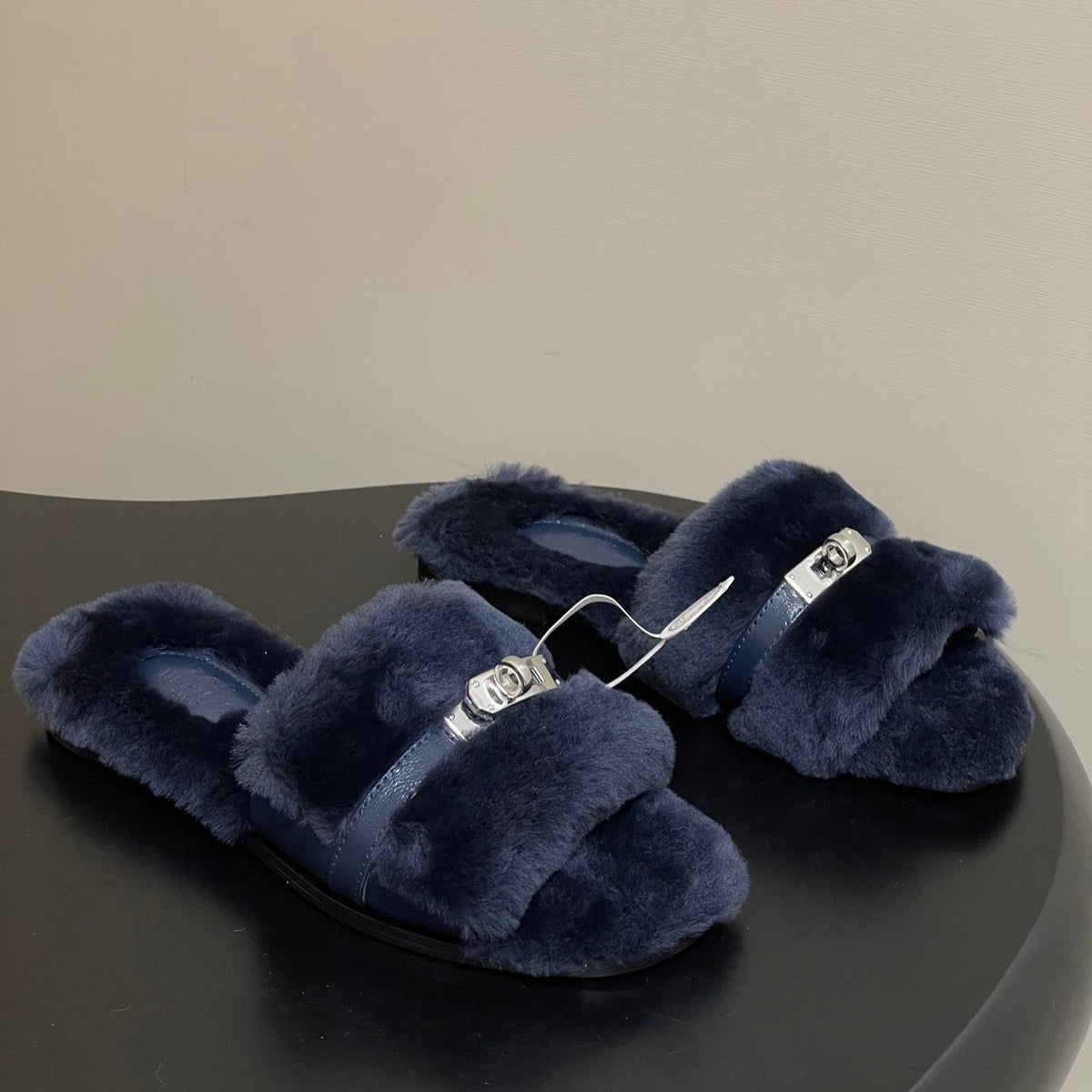 Hermes Giulia Kelly Buckle H-Slippers Navy Blue in Wool 594324