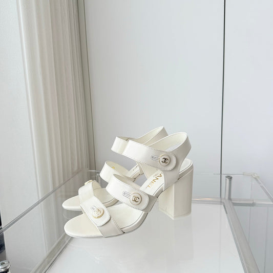 Chanel 26 Turnlock 80 White Sandal Heels in Lambskin 597406