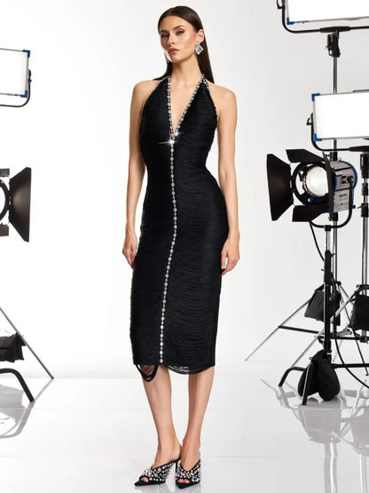 Peyton V Neck Fringe Rhinestone Midi Dress