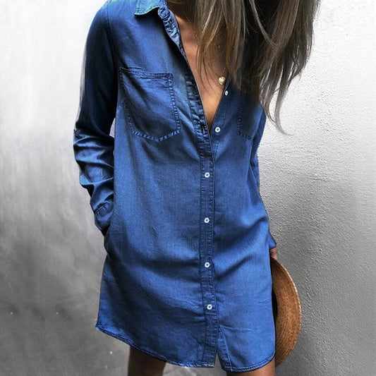 Ladies Button Down Shirt Denim Long Sleeve T-Shirt Dress