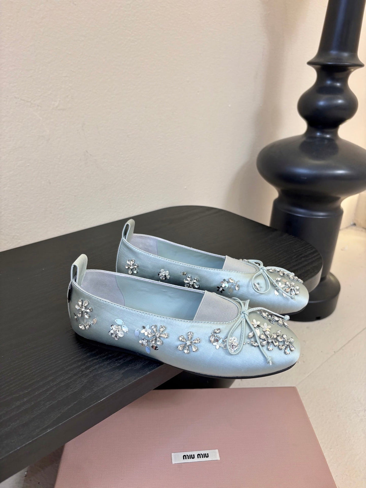 Miu Ballet Flat With Floral Crystal Light Sky Blue Silk