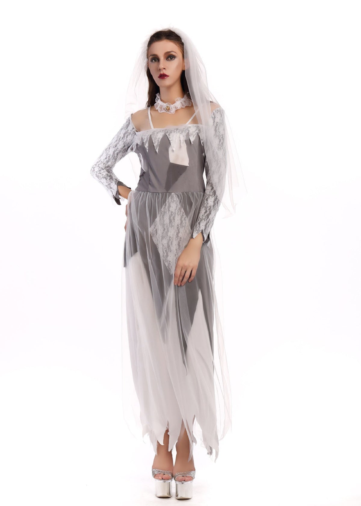 Haunted Wedding Dress With Lace Sleeves And Veil