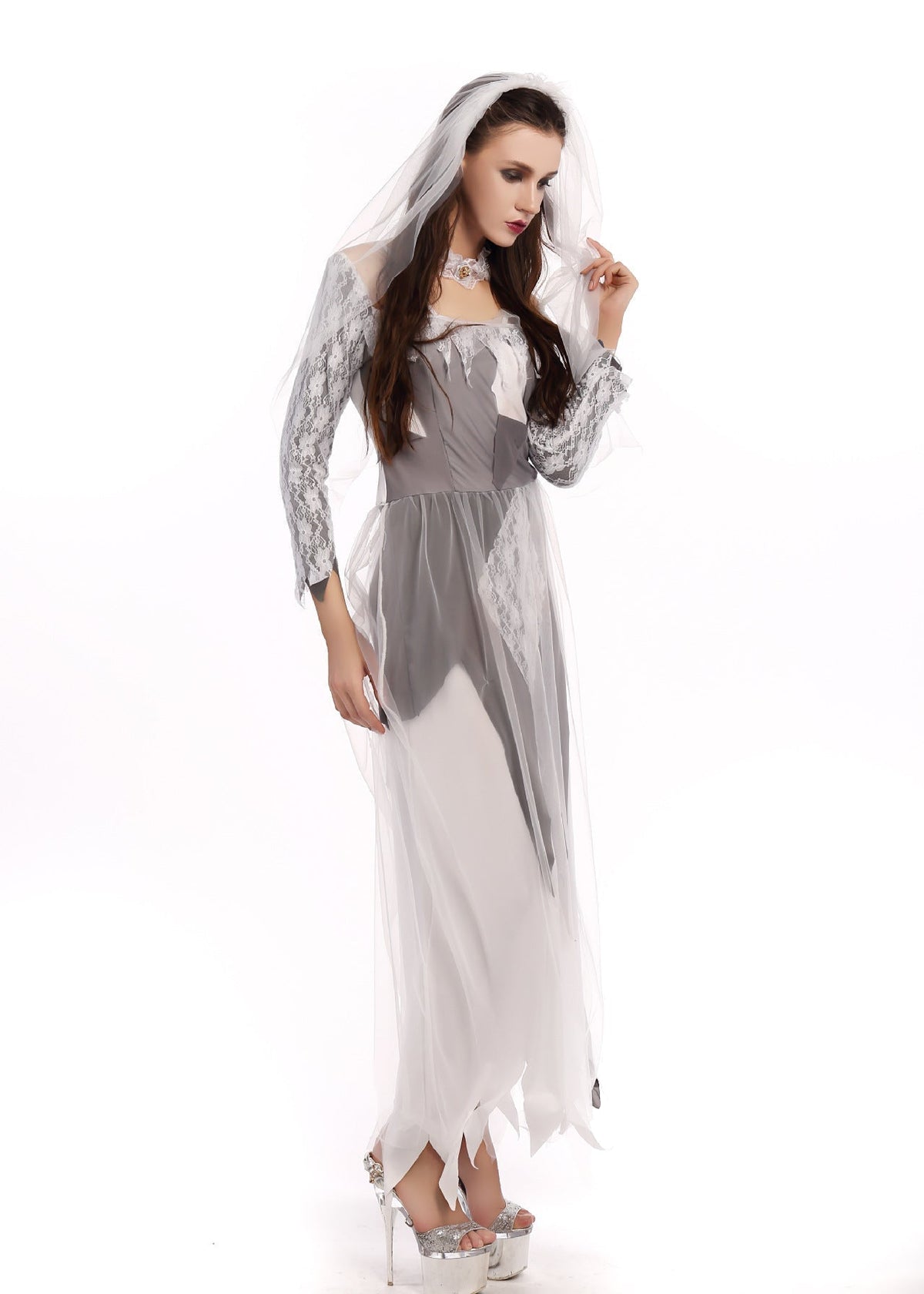 Haunted Wedding Dress With Lace Sleeves And Veil