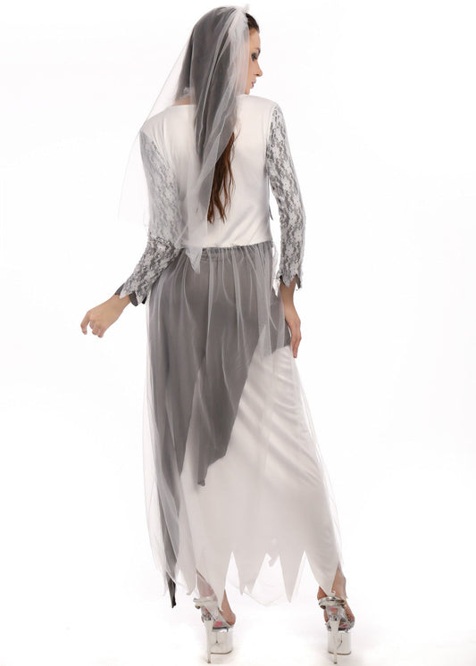 Haunted Wedding Dress With Lace Sleeves And Veil