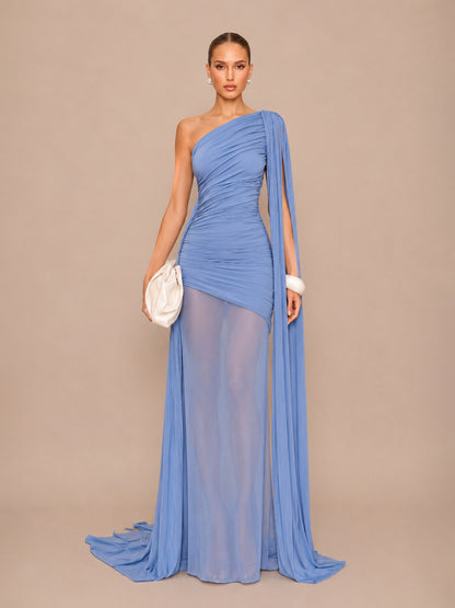 Isla One-Shoulder Cape Maxi Dress with Mesh Paneling
