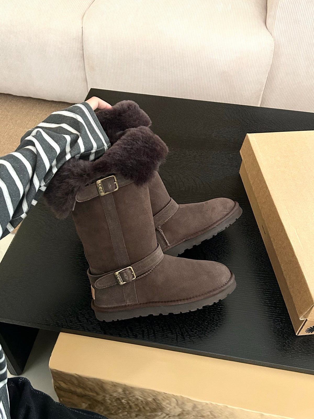 UGG Platform Foldable Tall Boots Dark Brown Suede Shearing