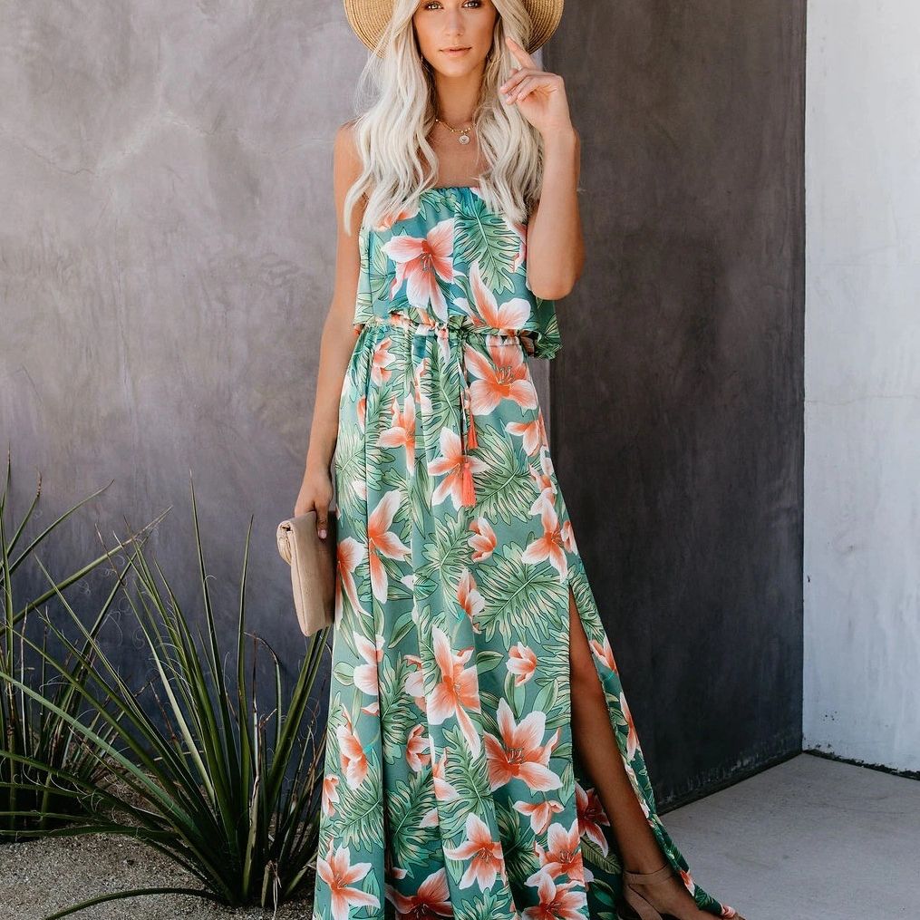 Printed One-Shoulder Ruffled Split Dress