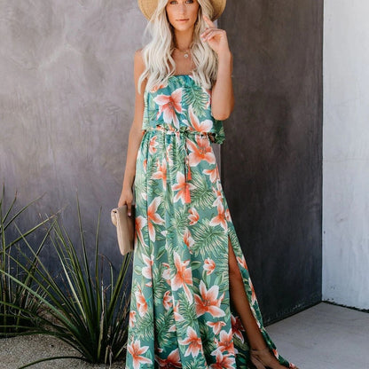 Printed One-Shoulder Ruffled Split Dress