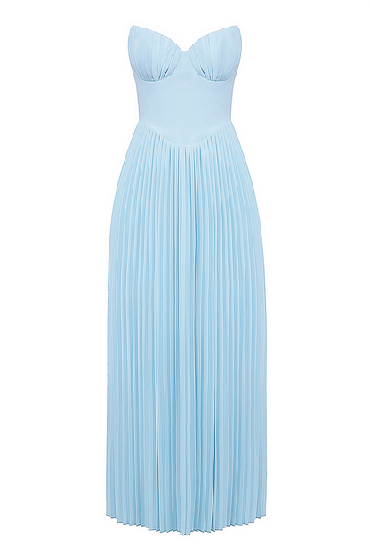 Strapless Cinch Waist Pleated Maxi Dresses-Blue [Pre Order]