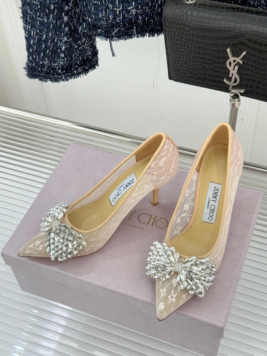 JC25WF Rhinestone Bow Pionted Toe High Heels 85 Nude Sheepskin 573538