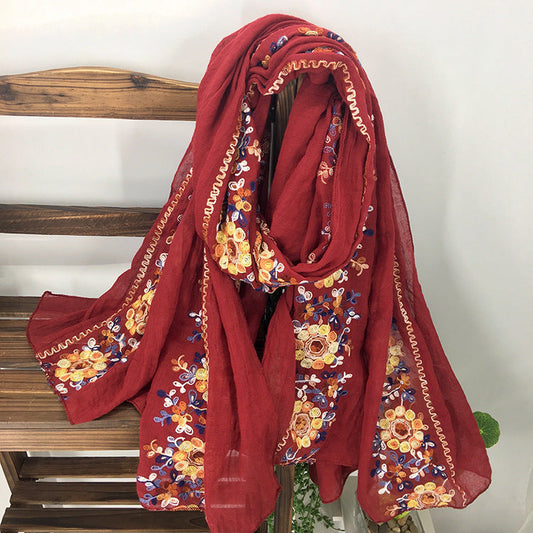 Embroidery Ethnic Style Literary And Artistic Embroidery Cotton And Linen Scarf Shawl Dual-Purpose Women'S Spring, Autumn And Winter Silk Scarf