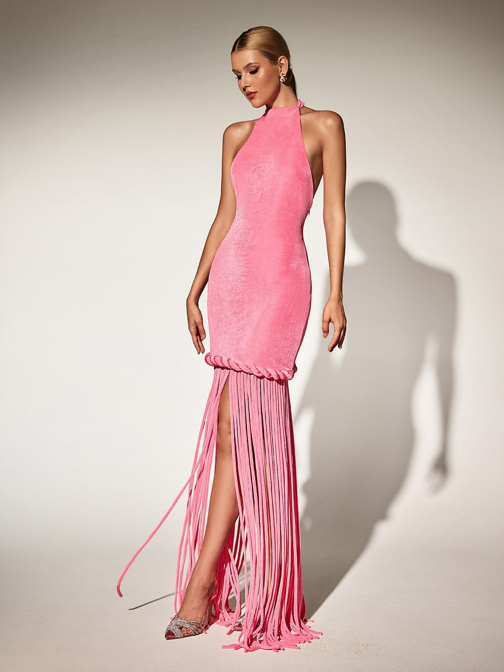 Litonya Halterneck Fringe Velvet Maxi Dress