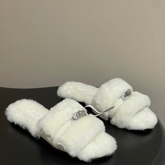 Hermes Giulia Kelly Buckle H-Slippers White in Wool 594328