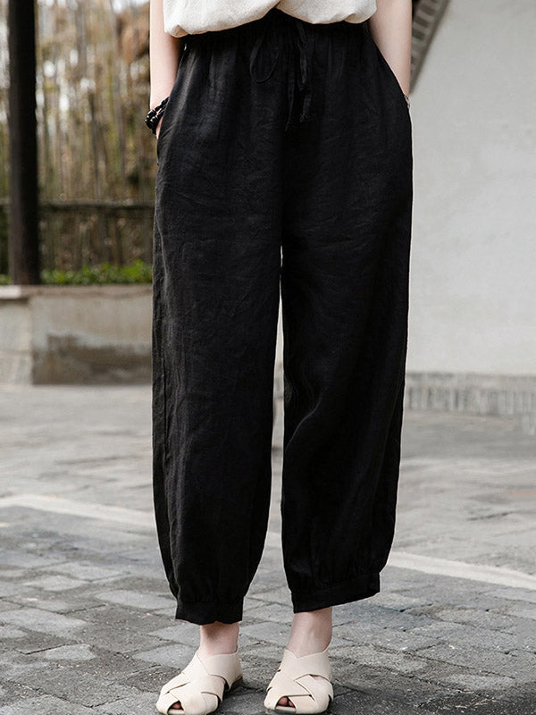 Simple Linen Solid Color Elasticity Waist Loose Knickerbockers&Capri-Pants