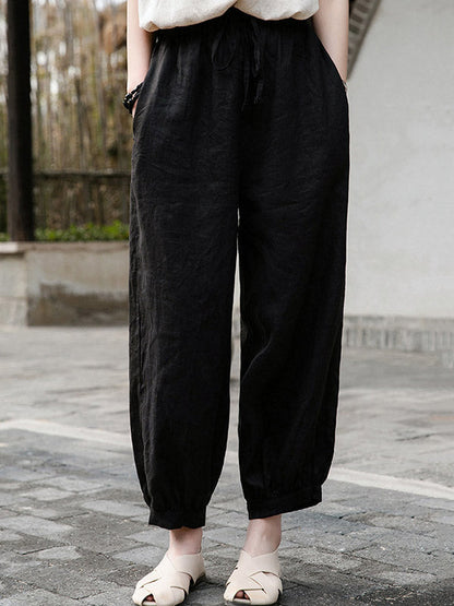 Simple Linen Solid Color Elasticity Waist Loose Knickerbockers&Capri-Pants