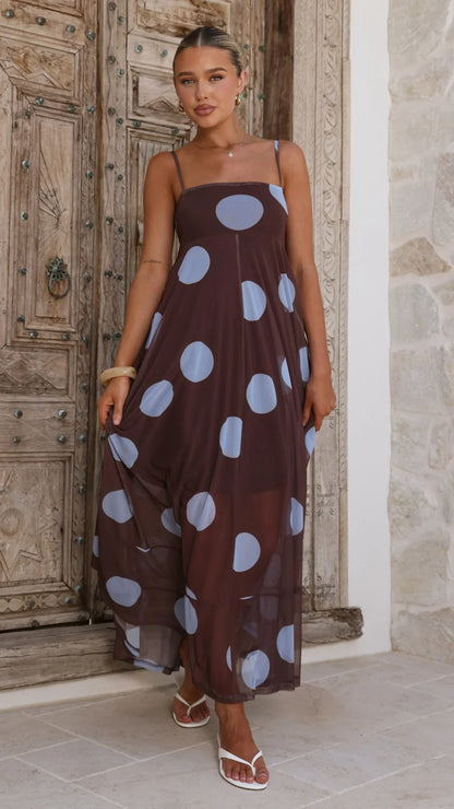 Melinda Mesh Maxi Dress - Brown / Blue Polka Dot