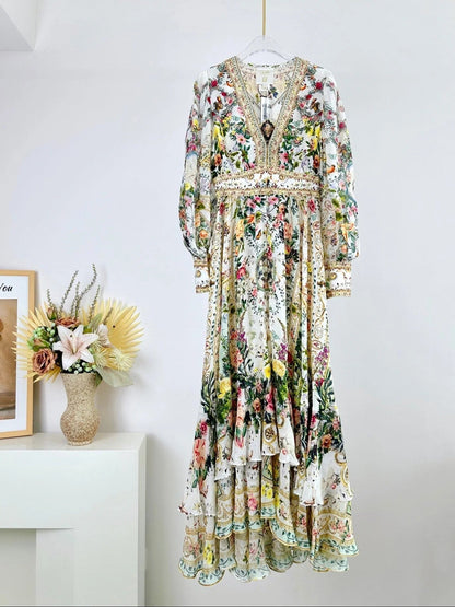 V-NECK LAYERED SILK PRINT MAXI DRESS