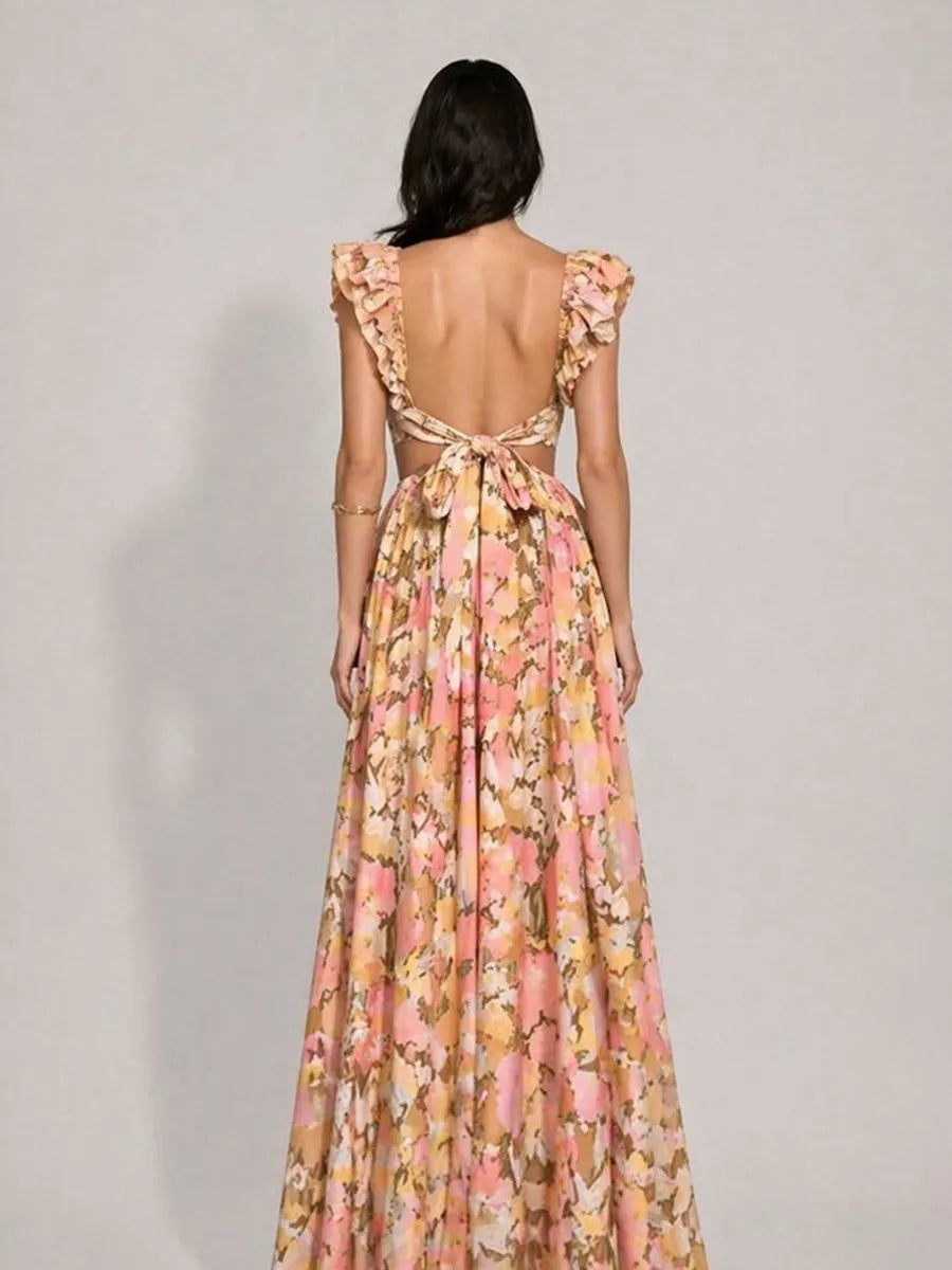 Marina Printed V-Neck Ruffled Cutout Sleeveless Maxi Dress