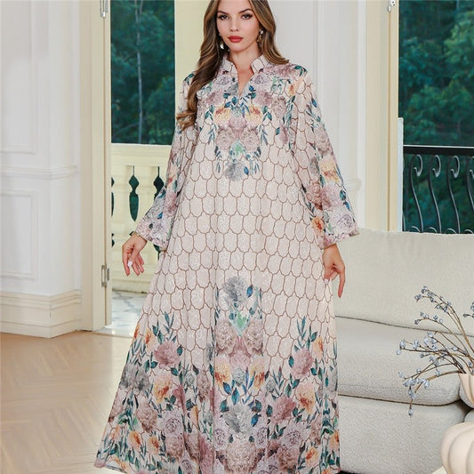 Embroidered Tribal Print Loose Long Sleeve Abaya Dress
