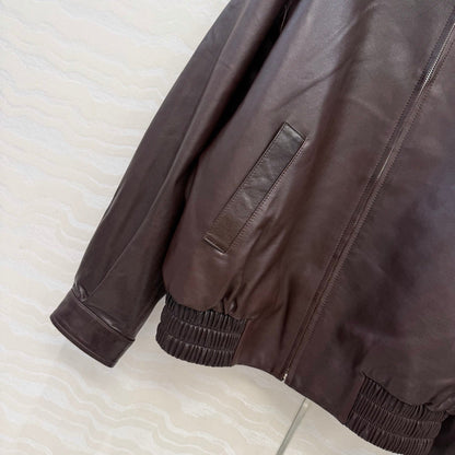 Miu SS26 Nappa Leather Blouson Jacket Marrone Lambskin 348080