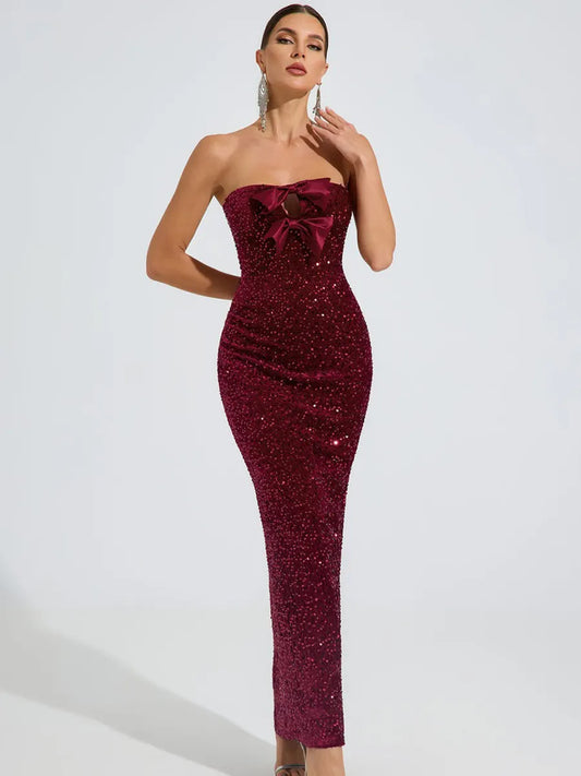 Hailey Sequin Bow Strapless Maxi Dress