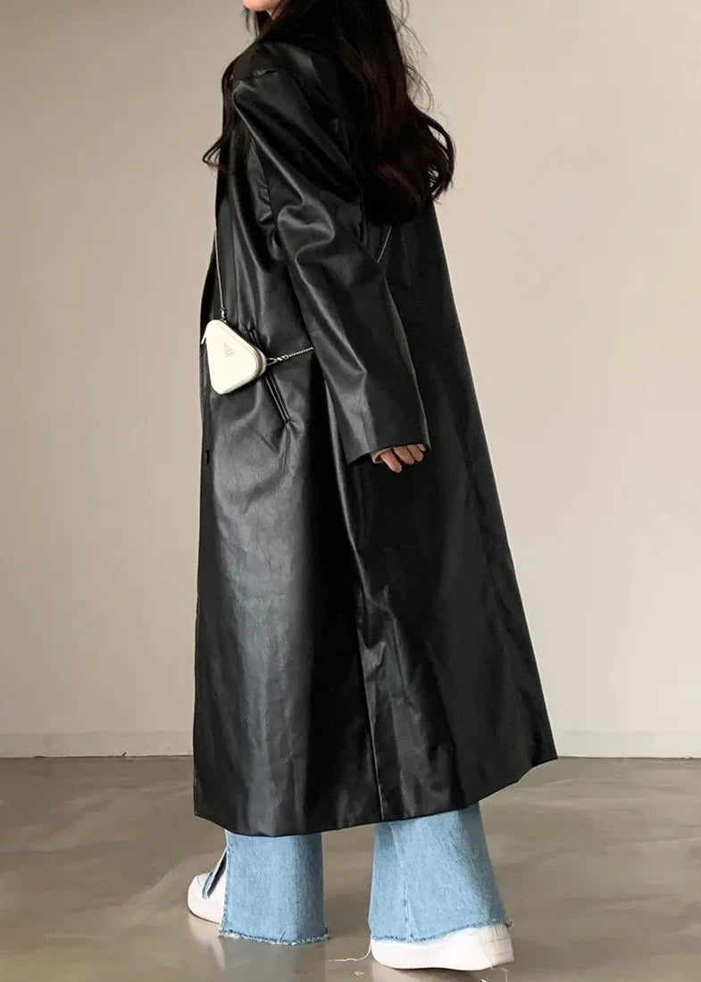 Black PU Leather Trench Coat Double Breasted Style