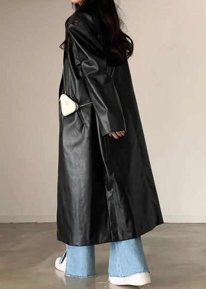Black PU Leather Trench Coat Double Breasted Style