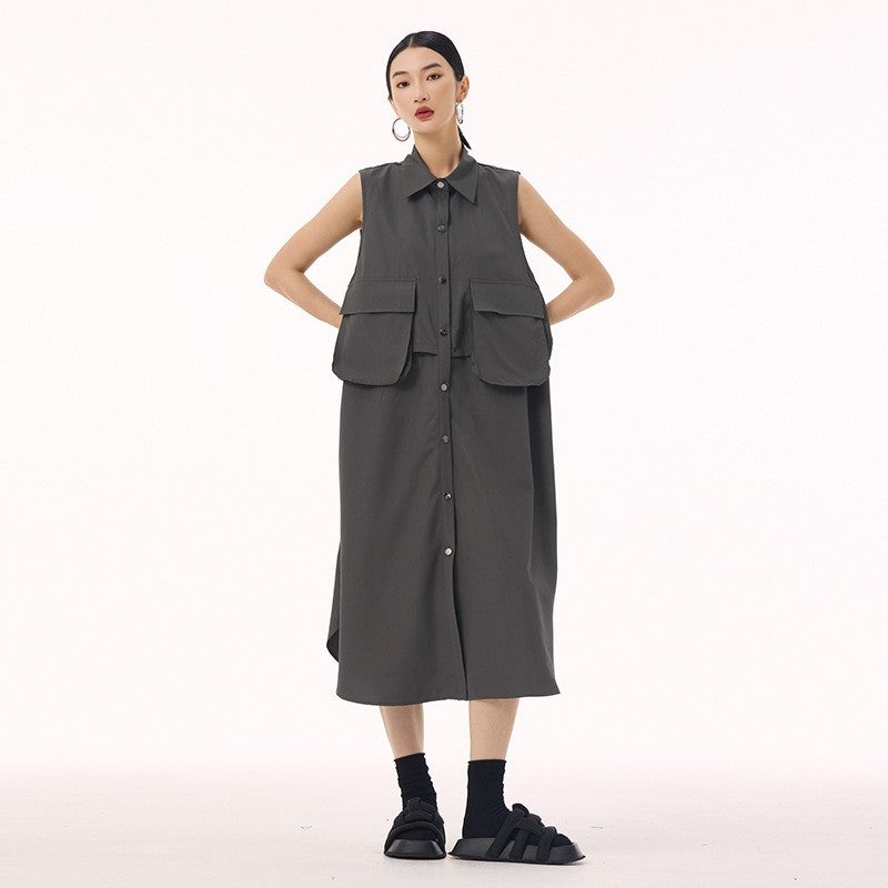 Polo Collar Vest Dress With Large Pocket